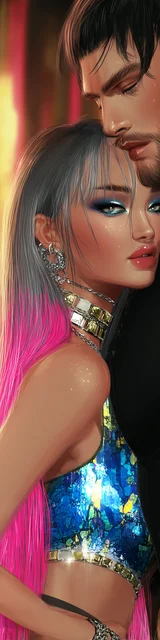 Free dark romance bookmark featuring a couple with long pink hair